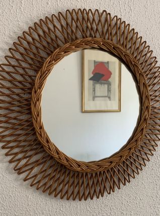 Miroir vintage 1960 soleil fleur rotin osier tressé - 50 cm