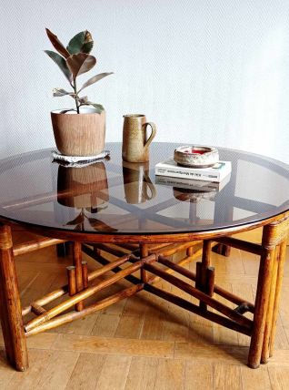 Grande table télescopique en rotin vers 1970