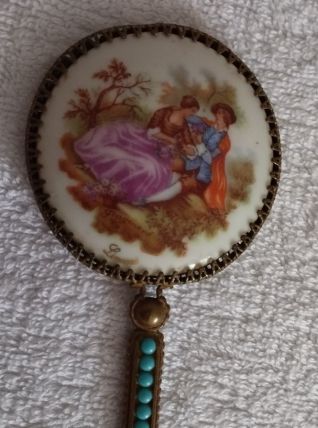 Ancien Miroir de Poche Porcelaine de Limoges Fragonnard