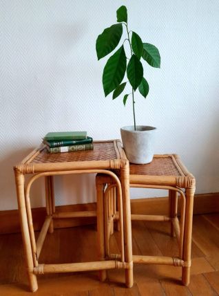 Tables gigognes en rotin vintage 1970