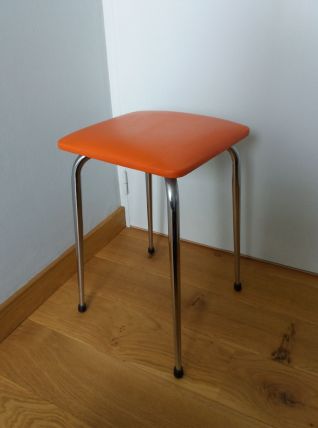 Tabouret skaï orange et métal chromé années 70