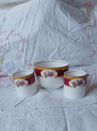 Grand sucrier et 2 petites tasse café"moca" en porcelaine