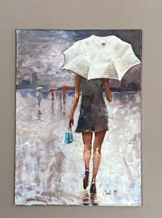 Huile sur toile. 1980. Femme au parapluie.  70x50.