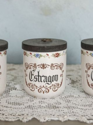 Lot de 3 pots à épices faïence couvercle bois  anneau métal