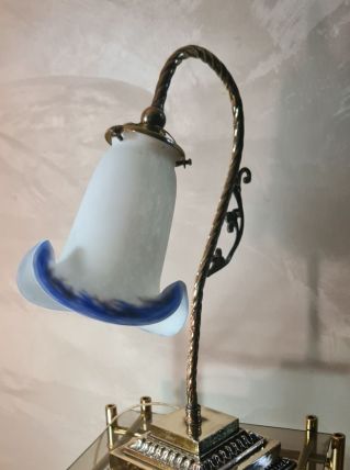 lampe bronze doré et polie, art déco et sa tulipe pate verre