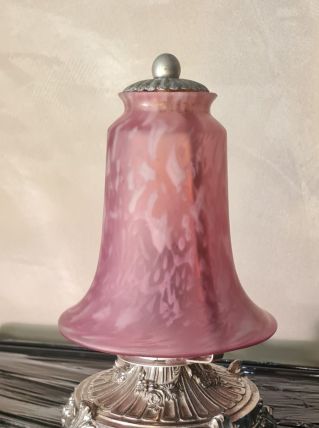 lampe argenté regule  1920 tulipe rose mouchete de blanc 23x