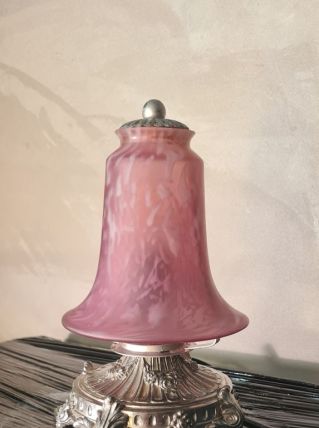 lampe argenté regule  1920 tulipe rose mouchete de blanc 23x