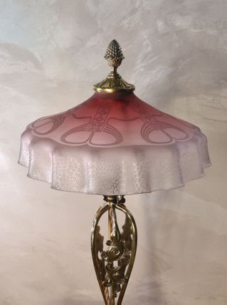 lampe 1920 bronze abat-jour en verre teinté rose &amp; gravé à l