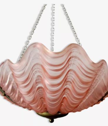 lustre coquille rose art deco 1930 verre moulé epais  non si