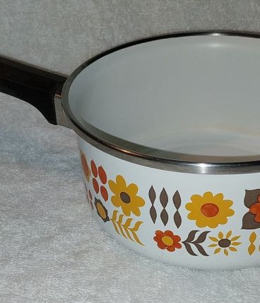 Vintage belle casserole fleurie orange et marron années 70