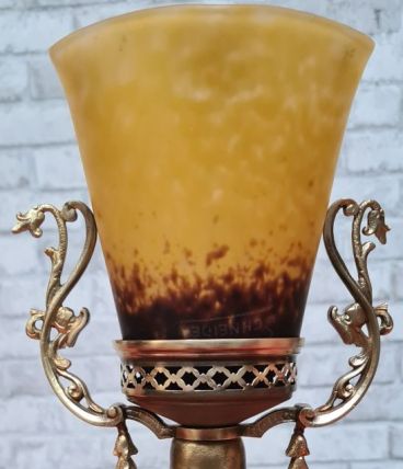 lampe bronze signé schneider tulipe pate de verre  29x15  el