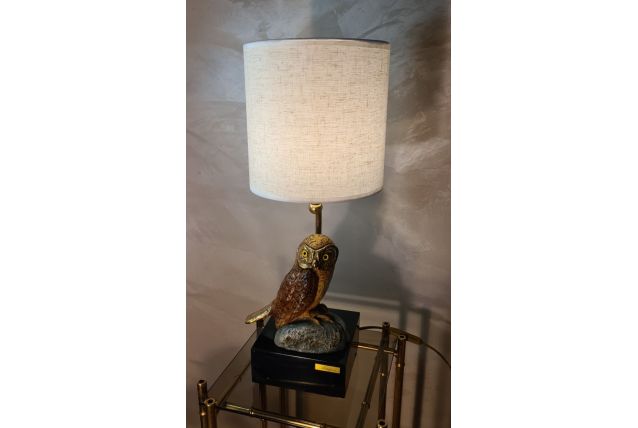 lampe artifex chouette  49 x20 laiton et ceram abat jour ori