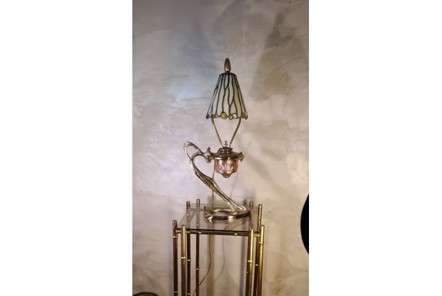 grande lampe bronze  art nouveau abat jour style tiffany , d